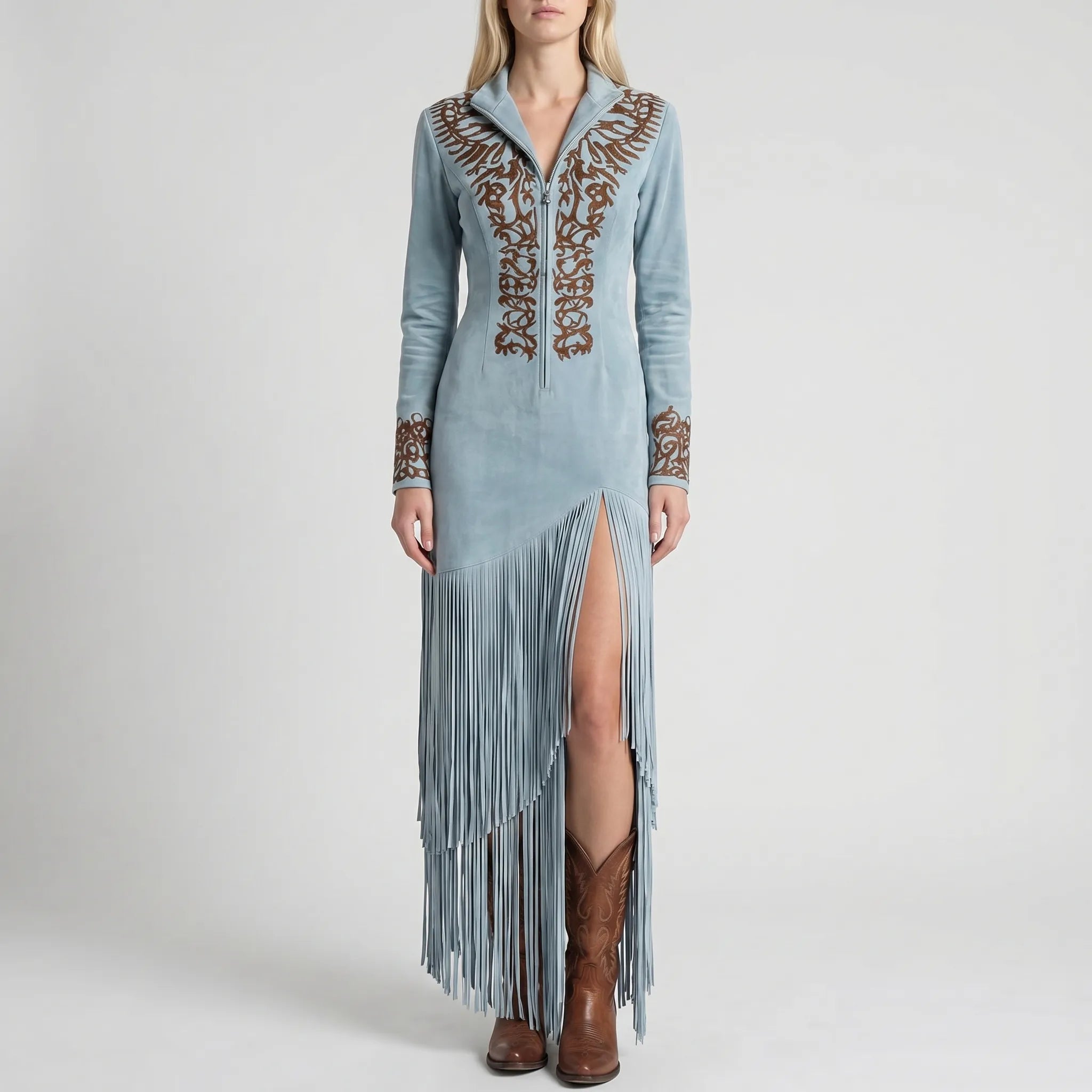 Long Sleeve Fringe Maxi Dress with Embroidered Detail