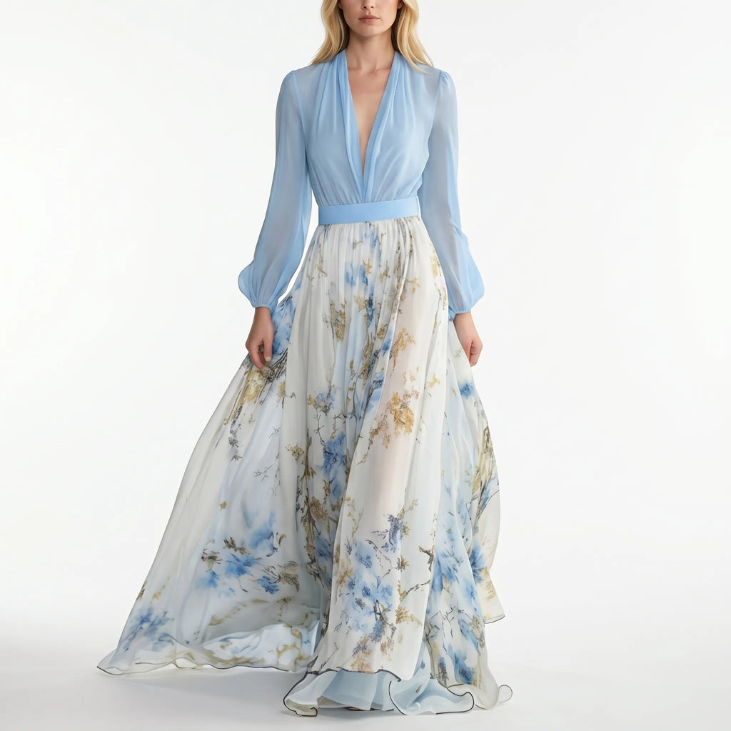 Floral Contrast-Bodice Maxi Dress