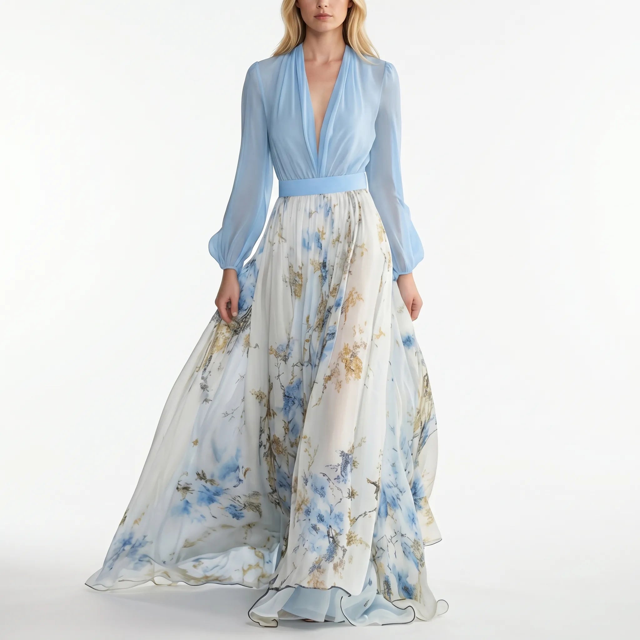 Floral Contrast-Bodice Maxi Dress