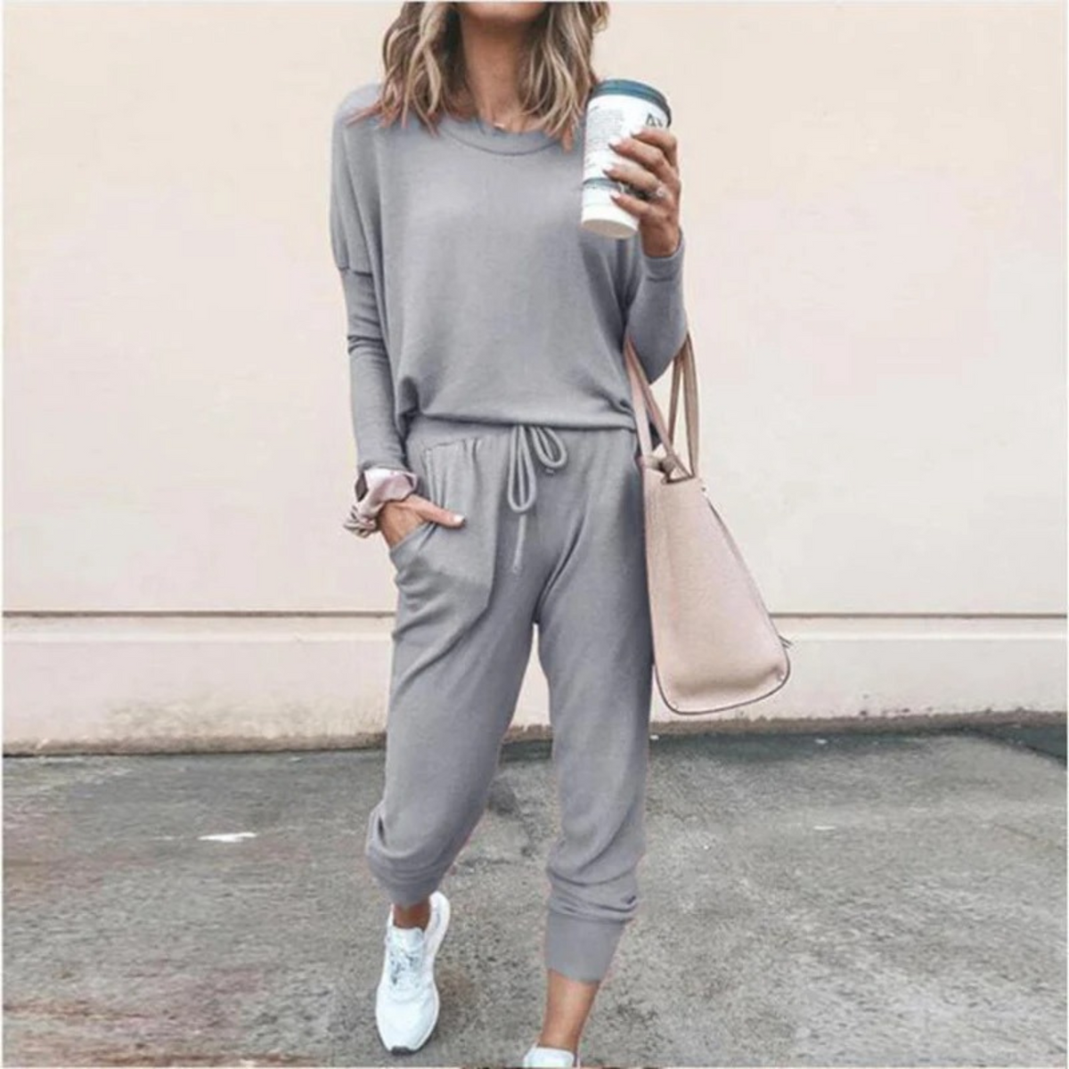 Women's Relaxed Long-Sleeve Top and Jogger Set - Light Gray