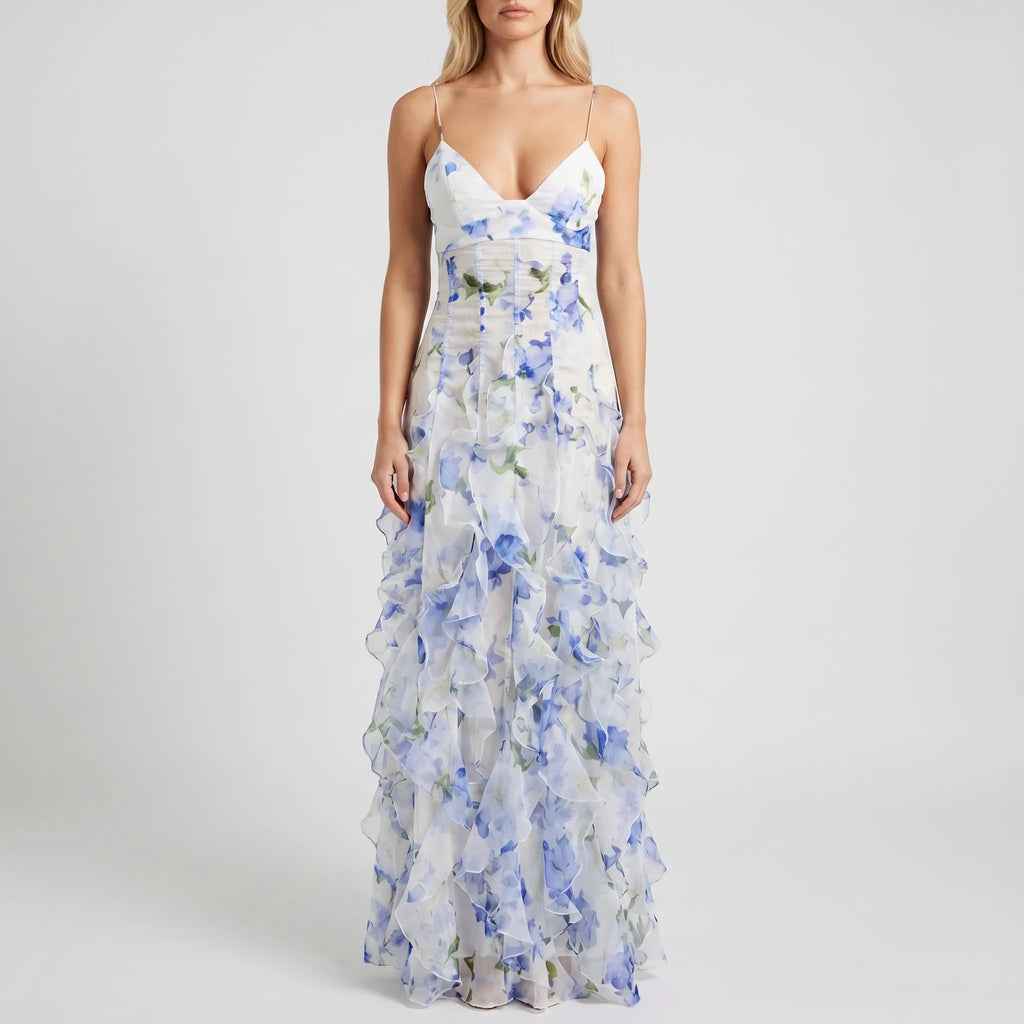 Women's Floral Ruffle Maxi Dress - Elegant Summer Occasion
