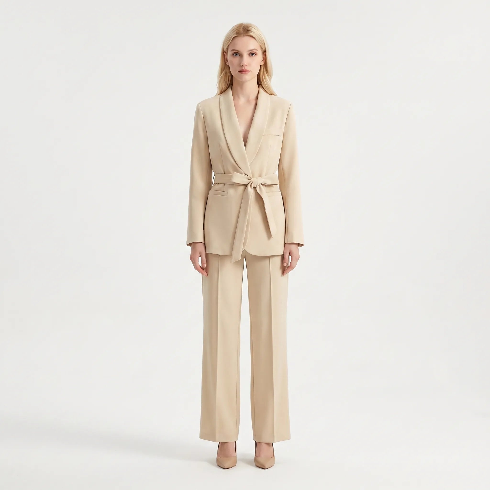 Women's Belted Blazer and Wide Leg Pants 2 Piece Suit Set