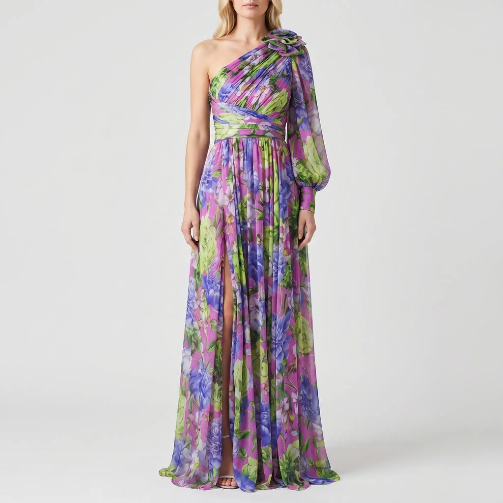 Floral One-Shoulder Maxi Dress with High Slit