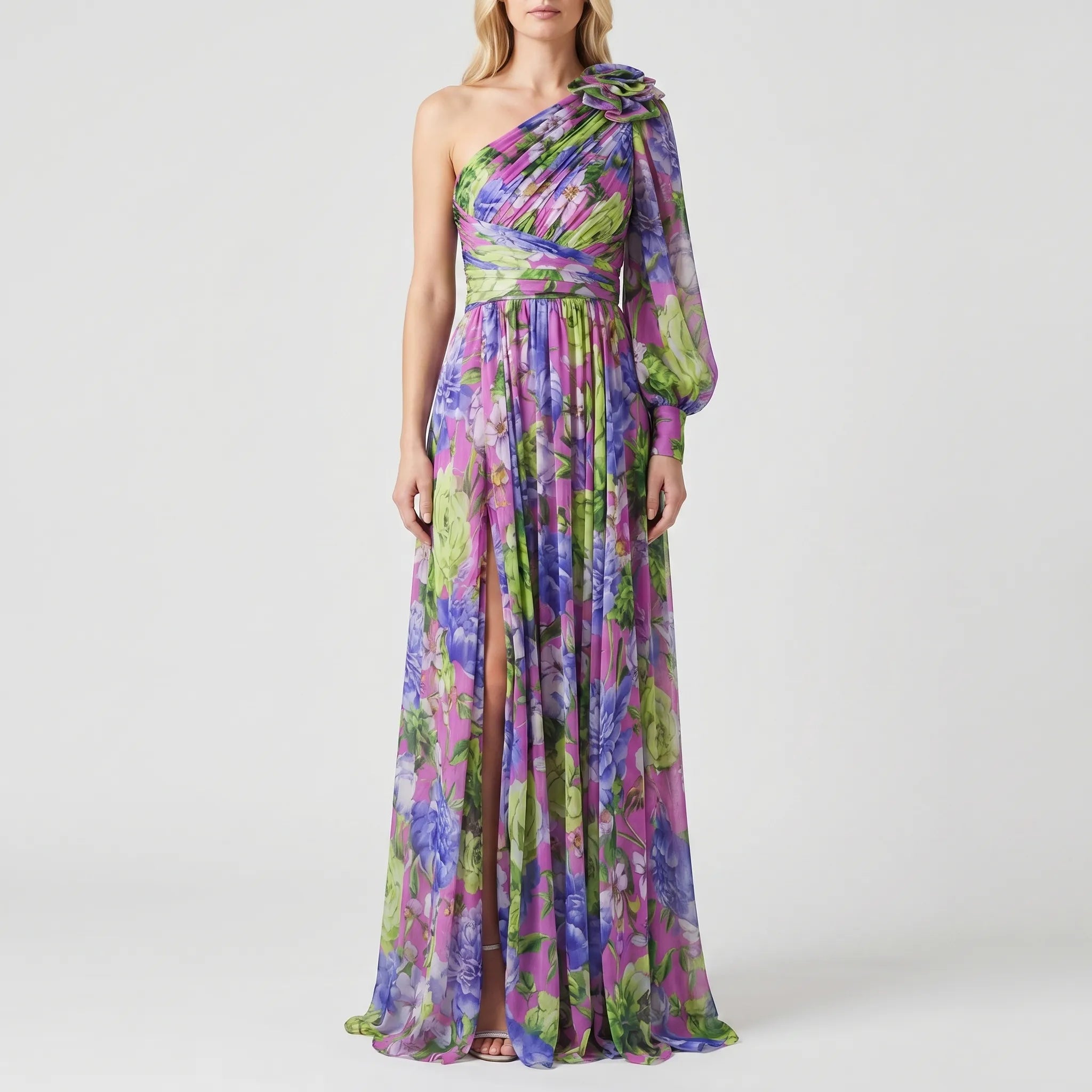 Floral One-Shoulder Maxi Dress with High Slit