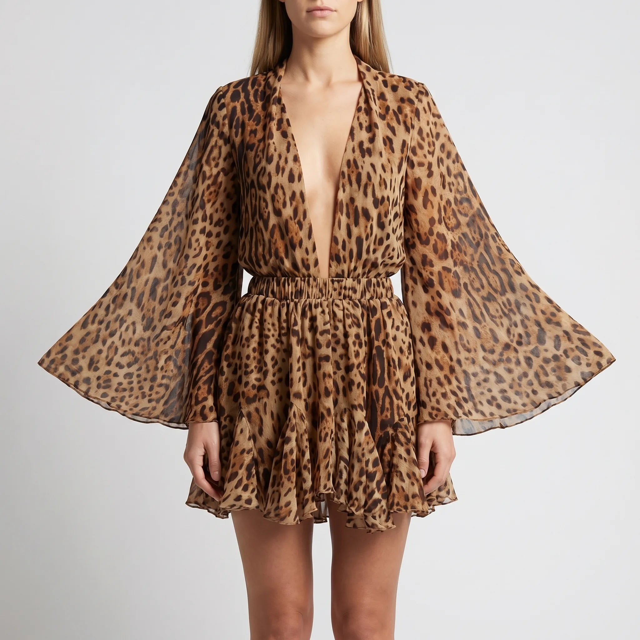 V-Neck Ruffle Hem Mini Dress