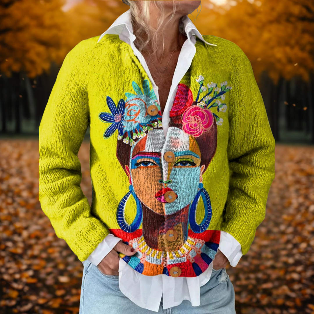 Women's Art Print Open-Front Knit Cardigan