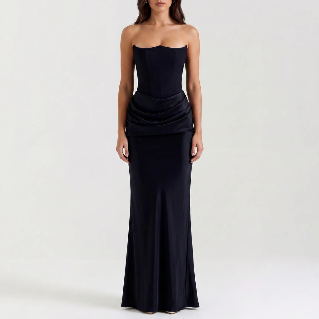 Women's Strapless Maxi Dress - Elegant Draped for Occasions
