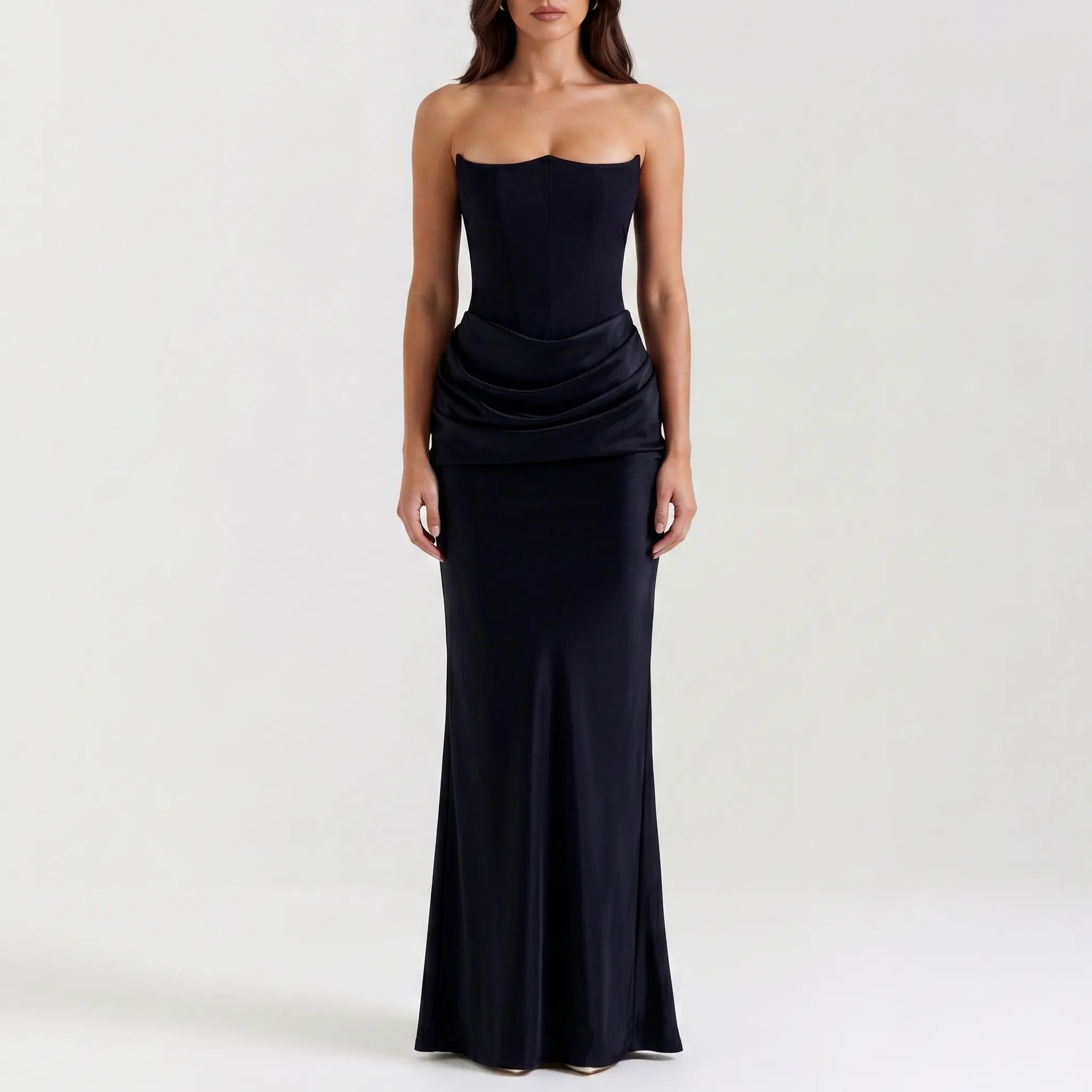 Women's Strapless Maxi Dress - Elegant Draped for Occasions