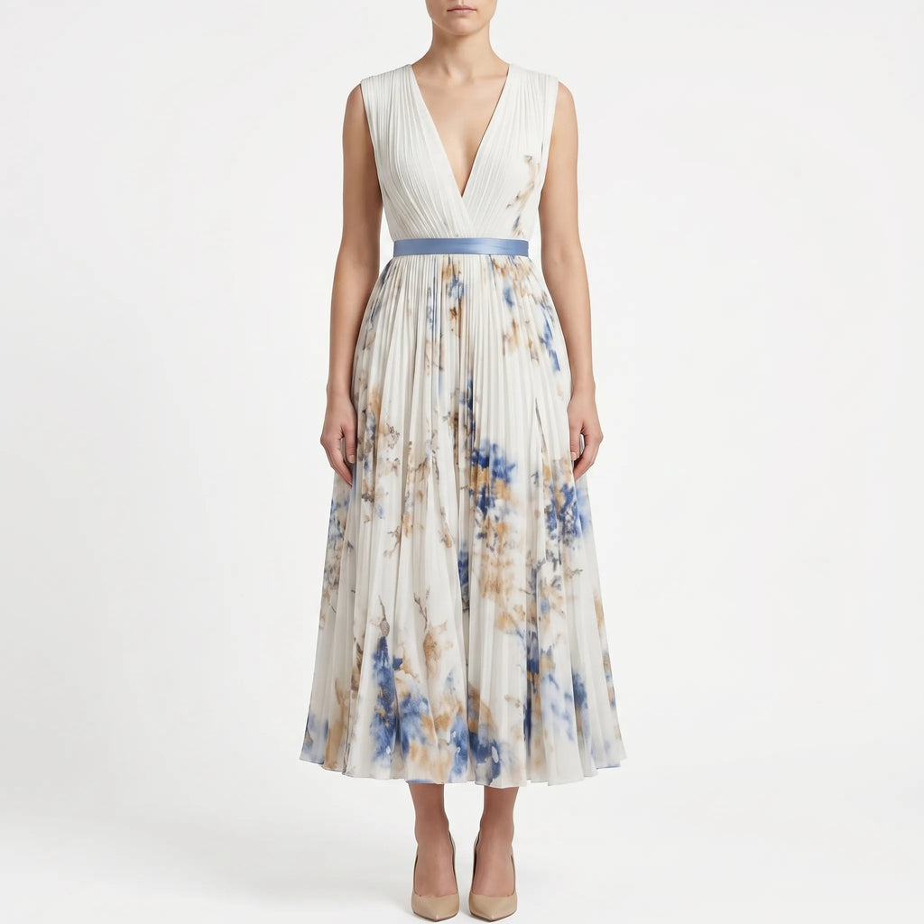 V-Neck Pleated Midi Dress with Contrast Waist