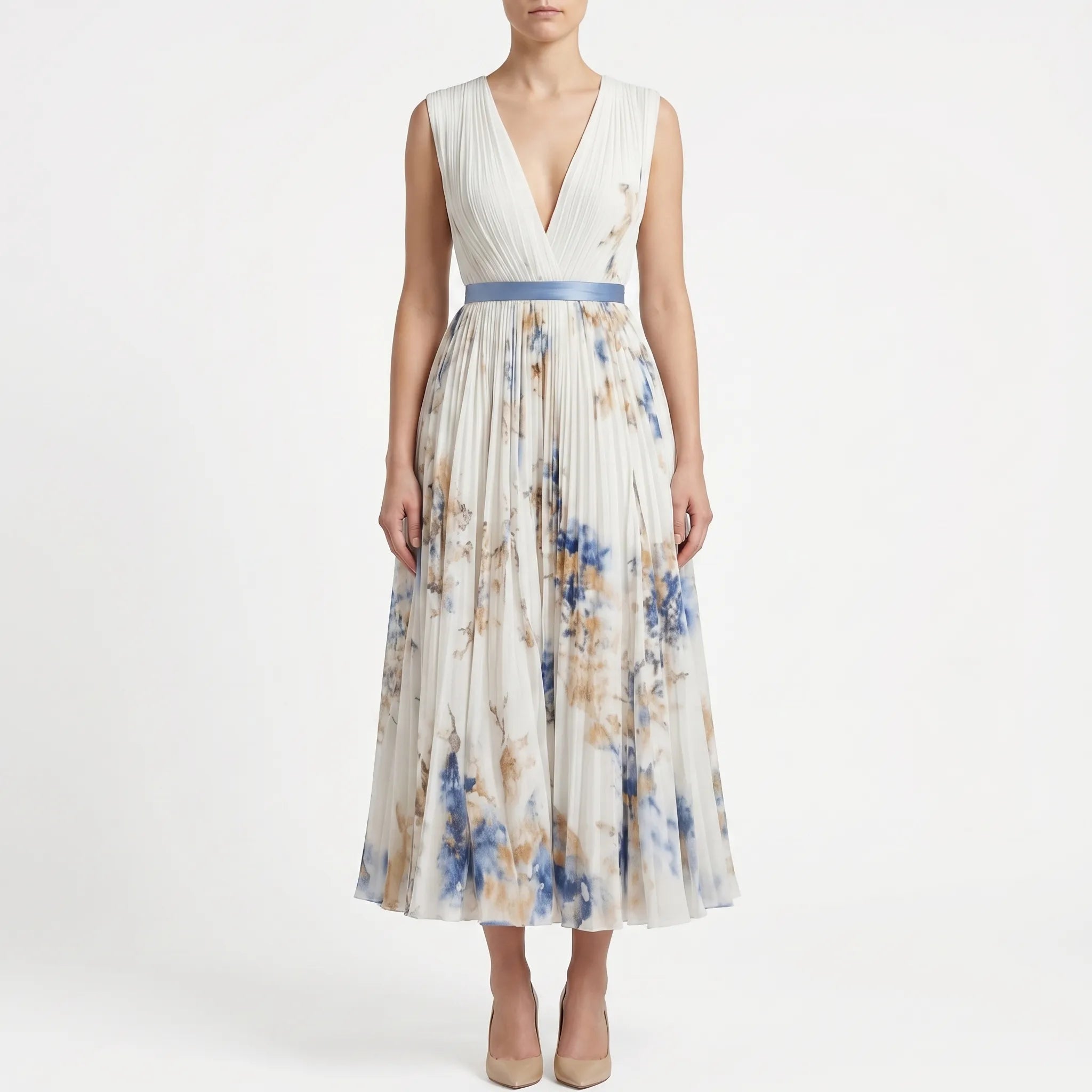 V-Neck Pleated Midi Dress with Contrast Waist