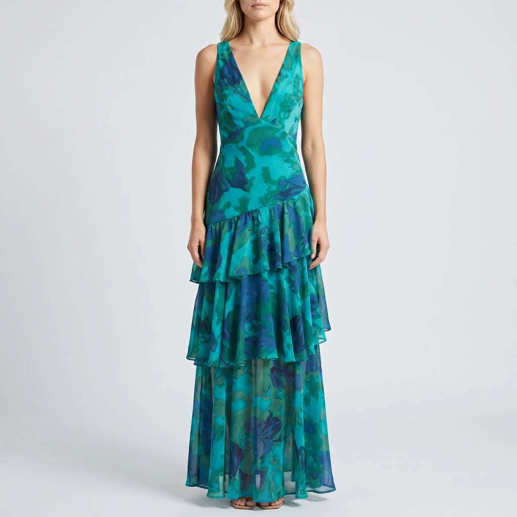 Women's Floral Maxi Dress - Tiered with V Neck for Evening