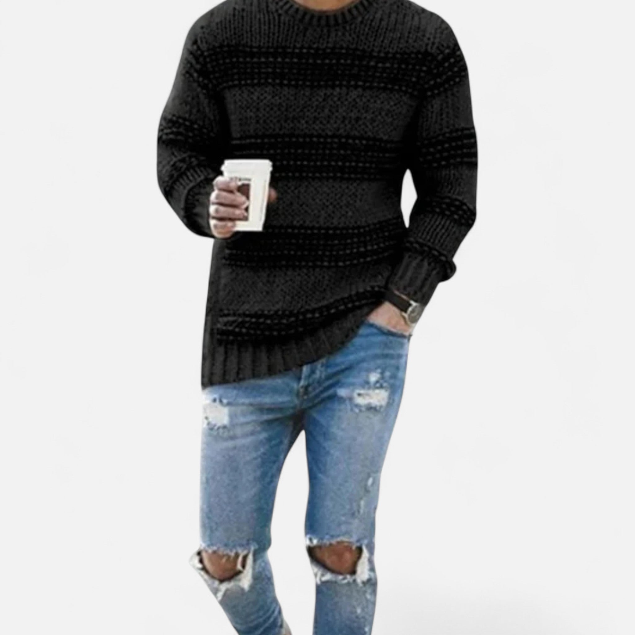 Men's Crew Neck Mid-Weight Winter Pullover Sweater - Black