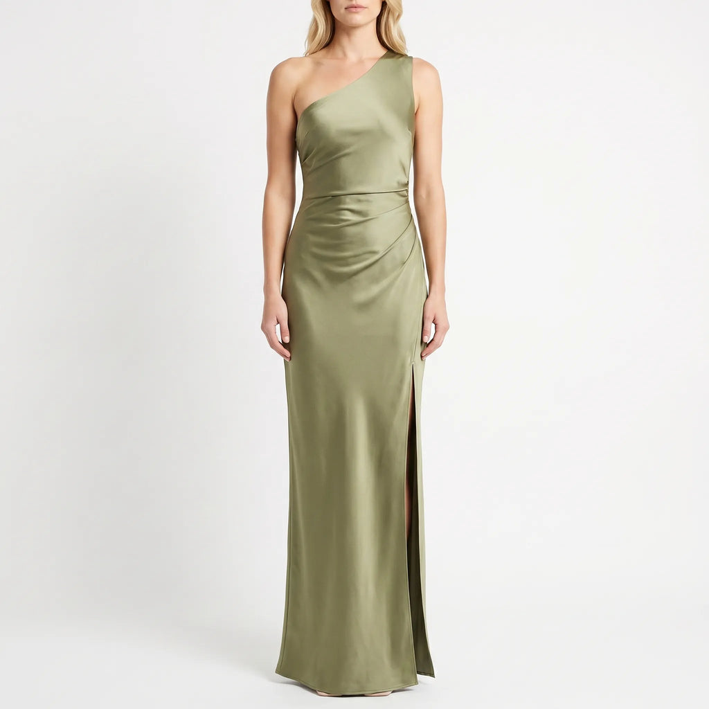Ruched One-Shoulder Maxi Dress with Side Slit