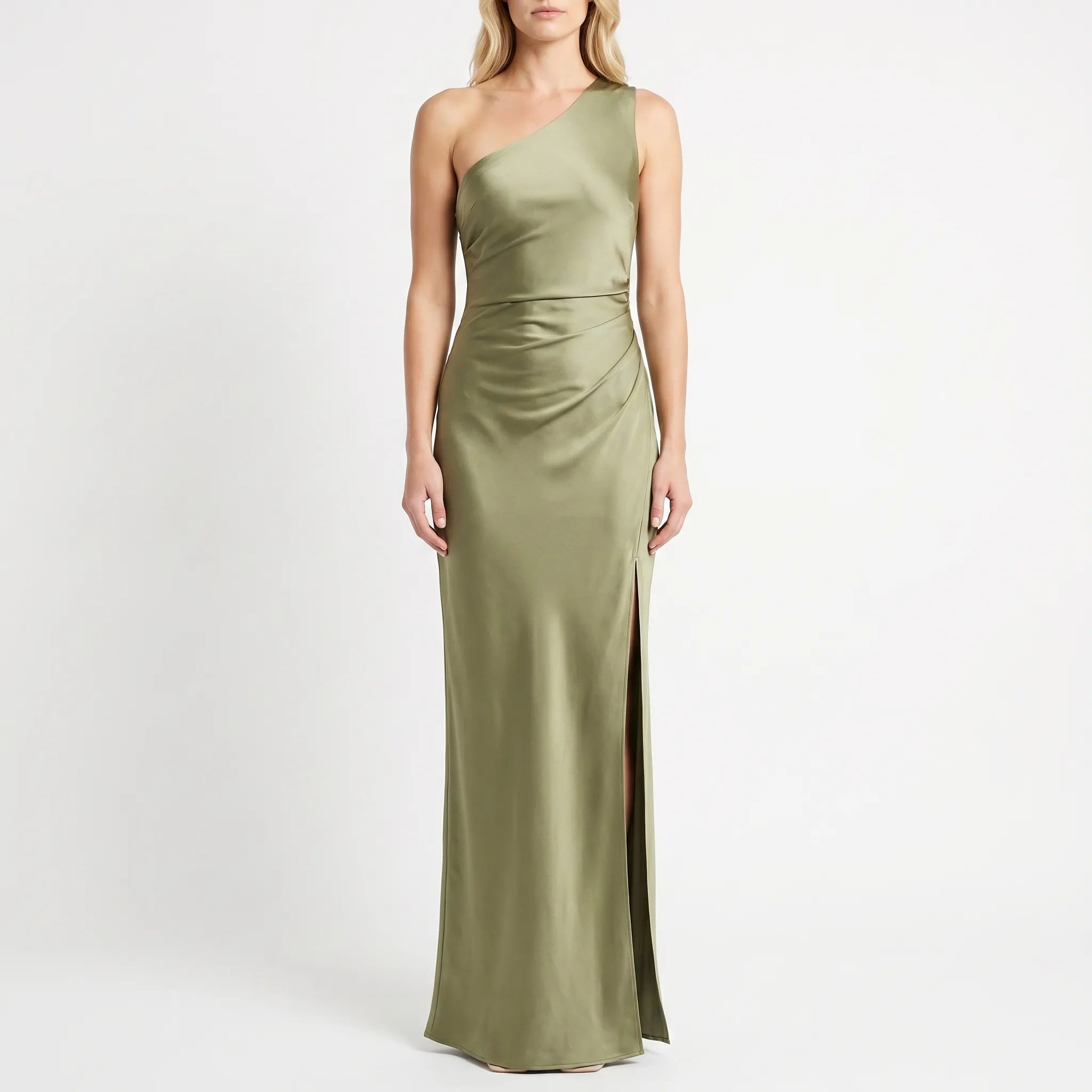 Ruched One-Shoulder Maxi Dress with Side Slit