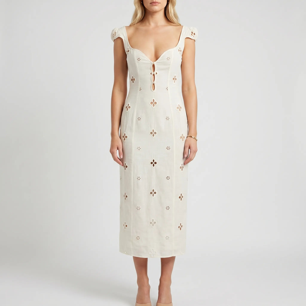 Embroidered Cap-Sleeve Midi Dress