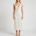 Embroidered Cap-Sleeve Midi Dress