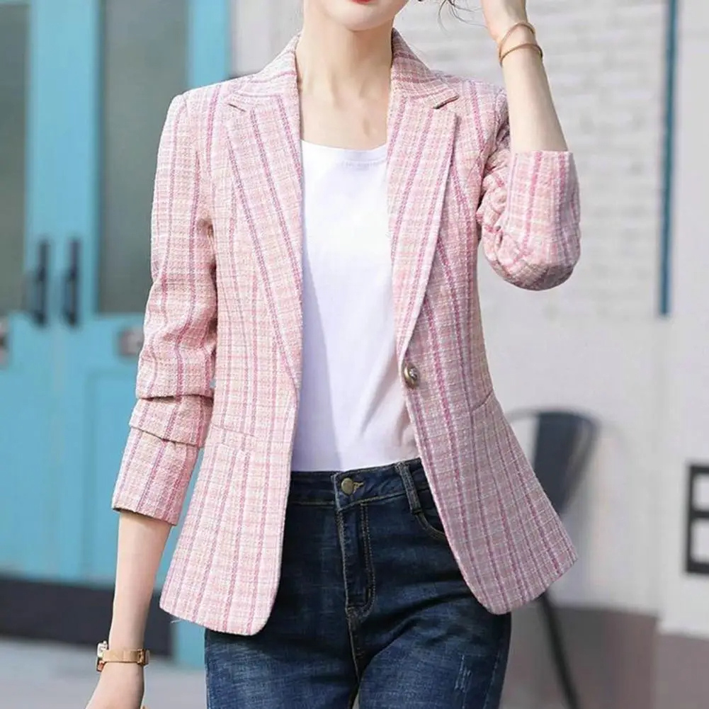 Women's Checked Single-Button Blazer Tailored Office Jacket for Smart Everyday Wear