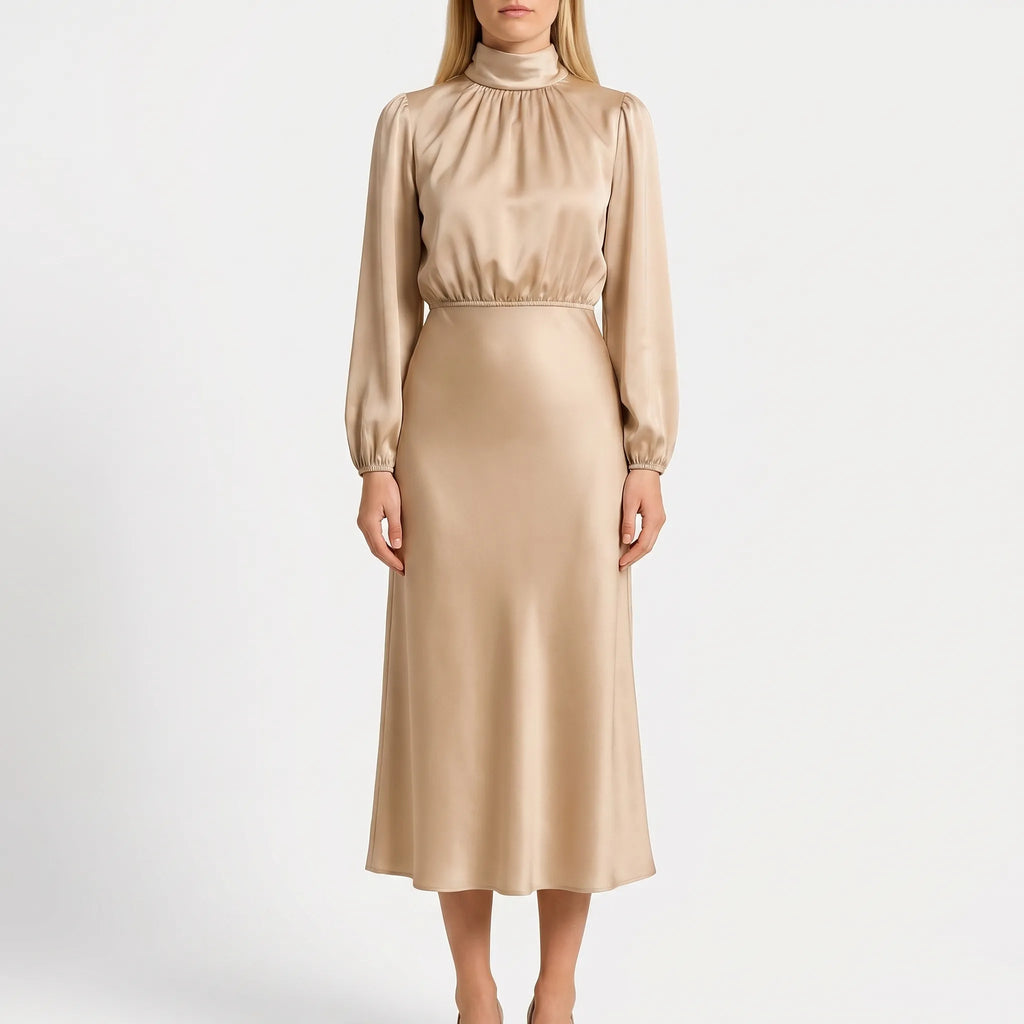 Long Sleeve High Neck Midi Dress