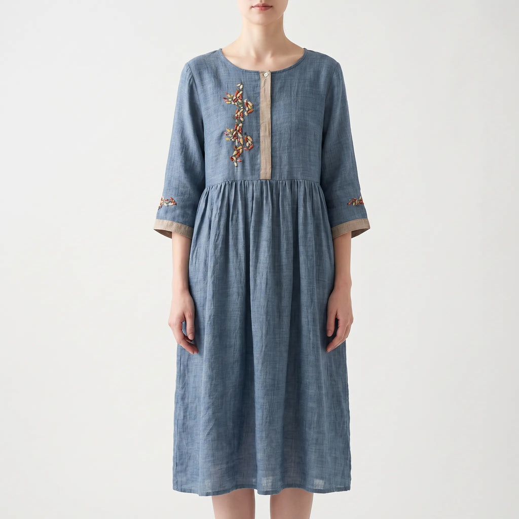 Women's Embroidered Boho Midi Dress - Casual Summer Sundress