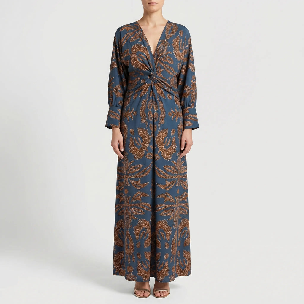 V-Neck Printed Maxi Dress with Twist Waist