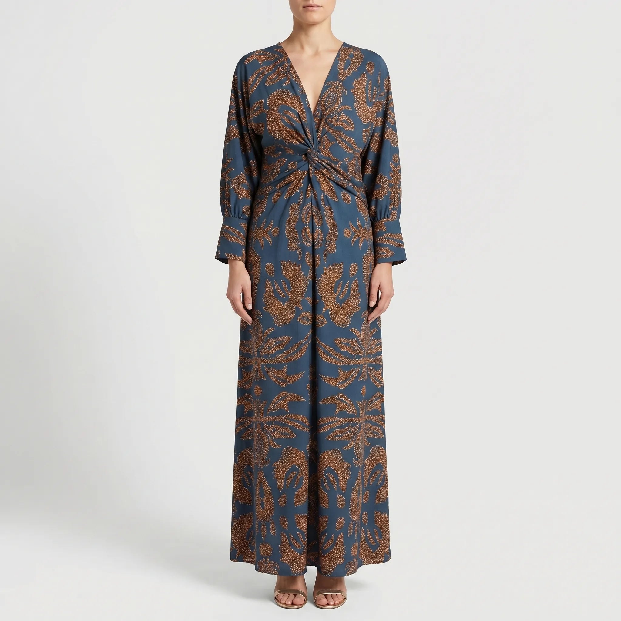V-Neck Printed Maxi Dress with Twist Waist