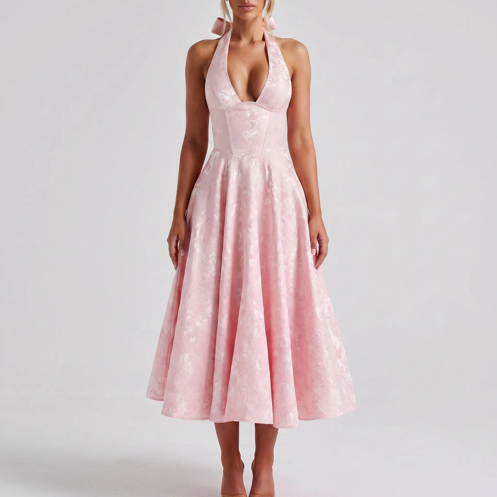 V-Neck Halter Midi Dress with Flared Skirt