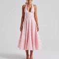 V-Neck Halter Midi Dress with Flared Skirt
