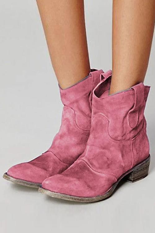 Women's Distressed Suede Western Ankle Boots with Low Stacked Heel - Pink