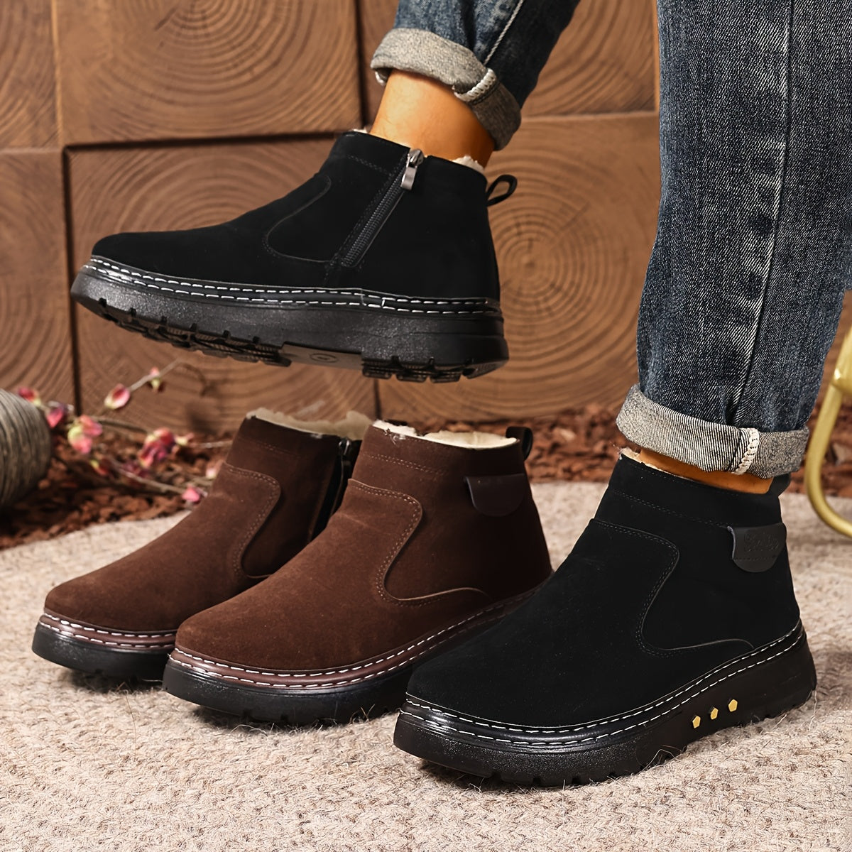 Women's Plush-Lined Winter Ankle Boots with Side Zip