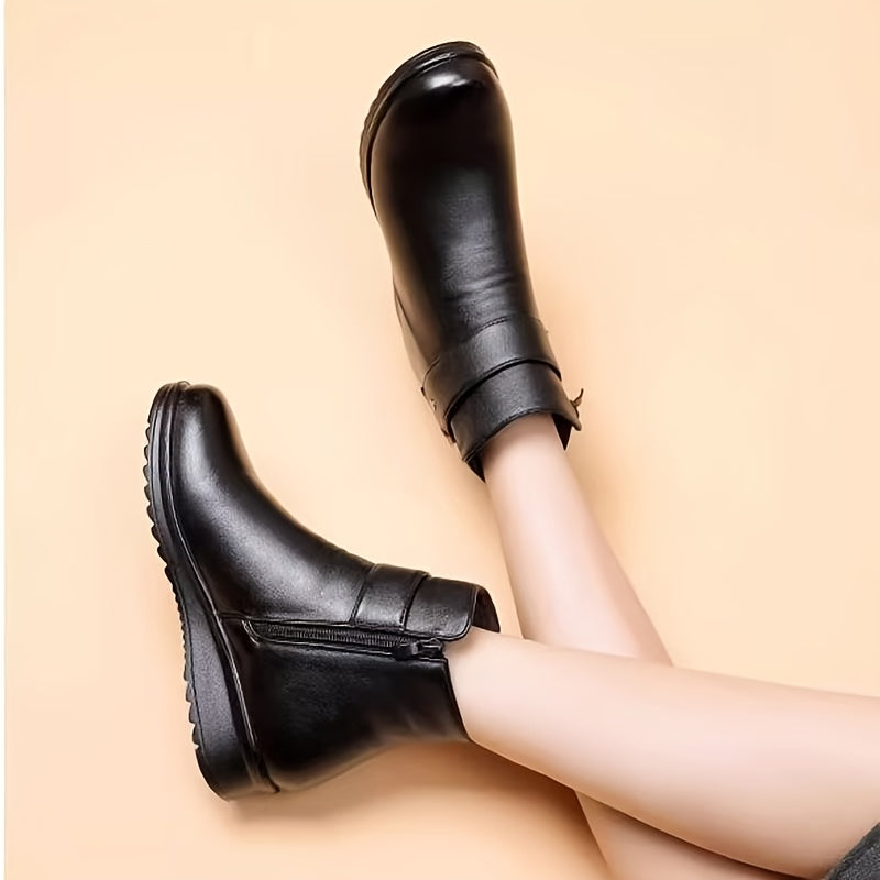 Women's Soft-Lined Flat Ankle Boots with Buckle Detail