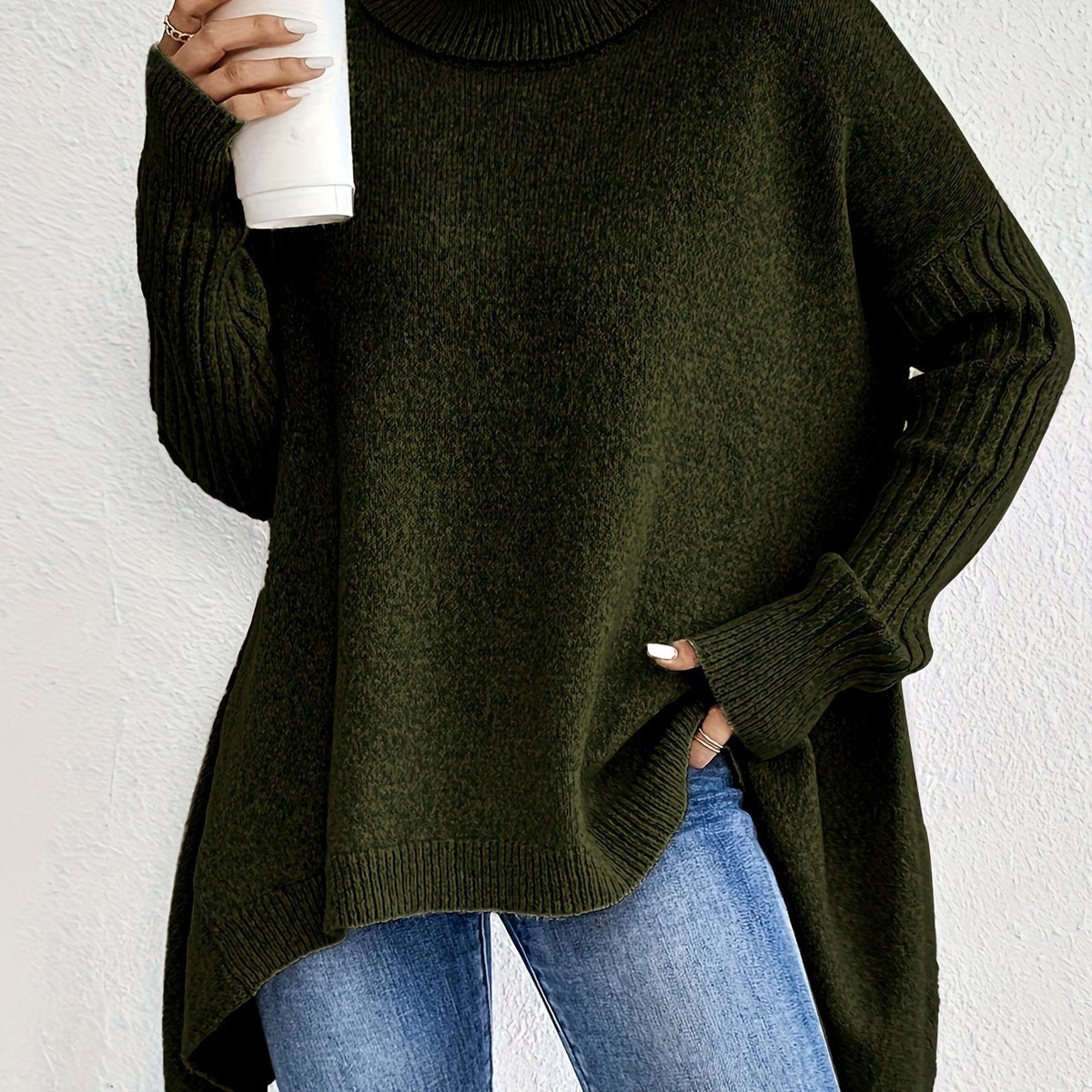 Women's Relaxed Turtleneck Sweater with Longer Hemline - Dark Green