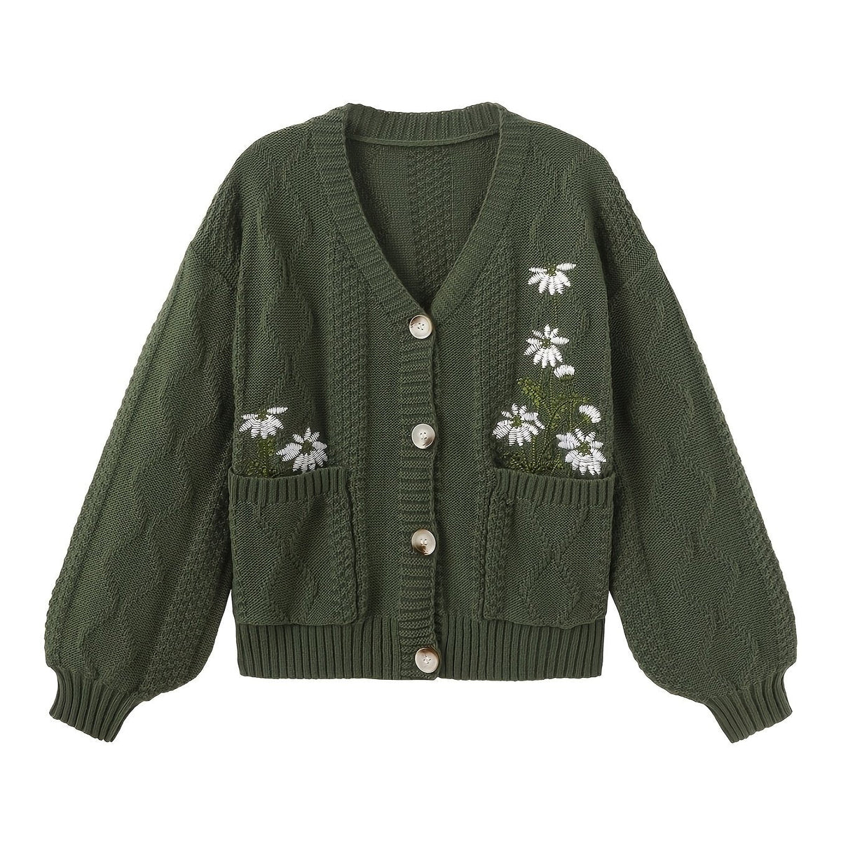 Women's Floral Embroidered V-Neck Button Cardigan with Pockets - Olive Green
