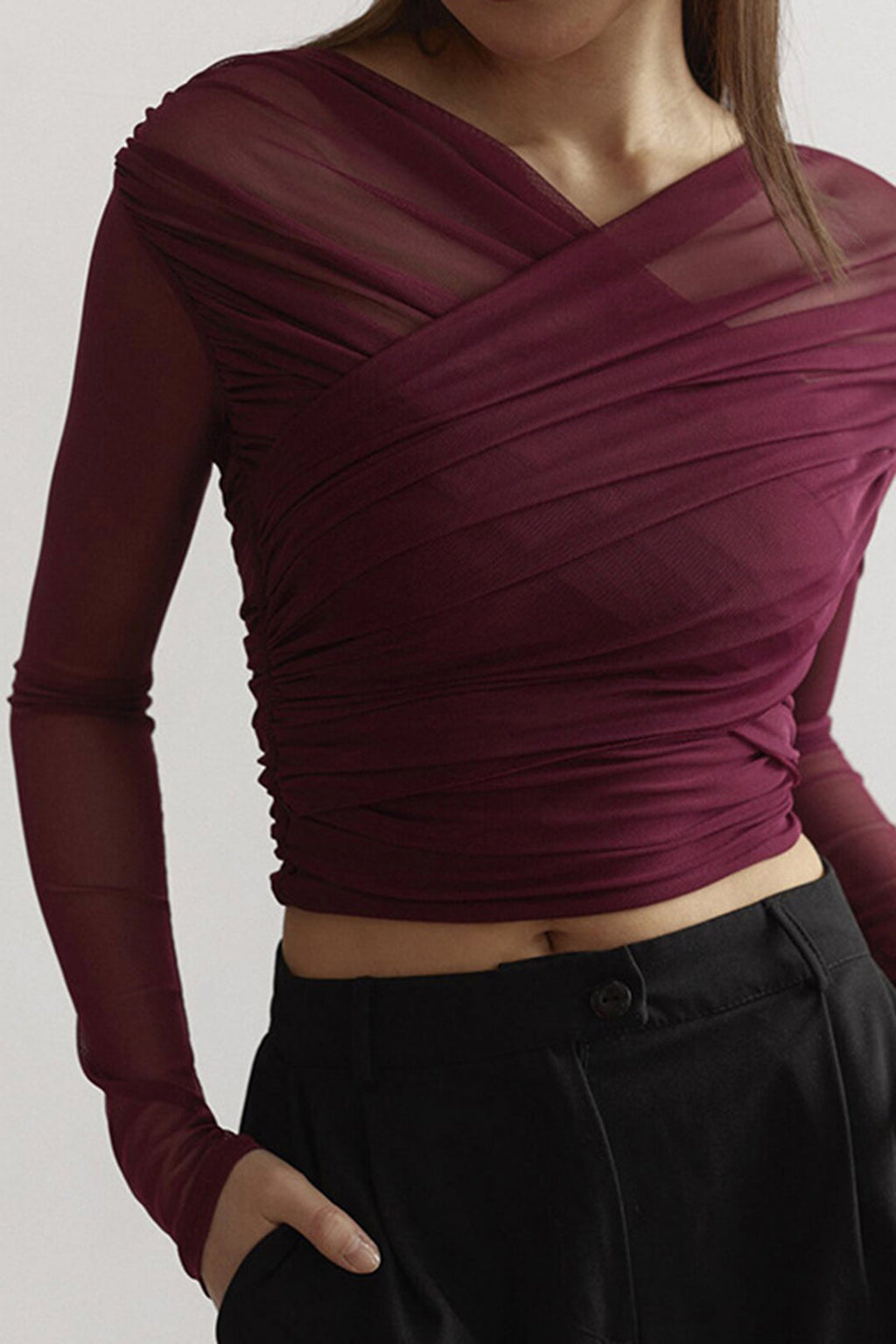 Women's Ruched Mesh Wrap Top Long Sleeve Evening Top for Elegant Styling