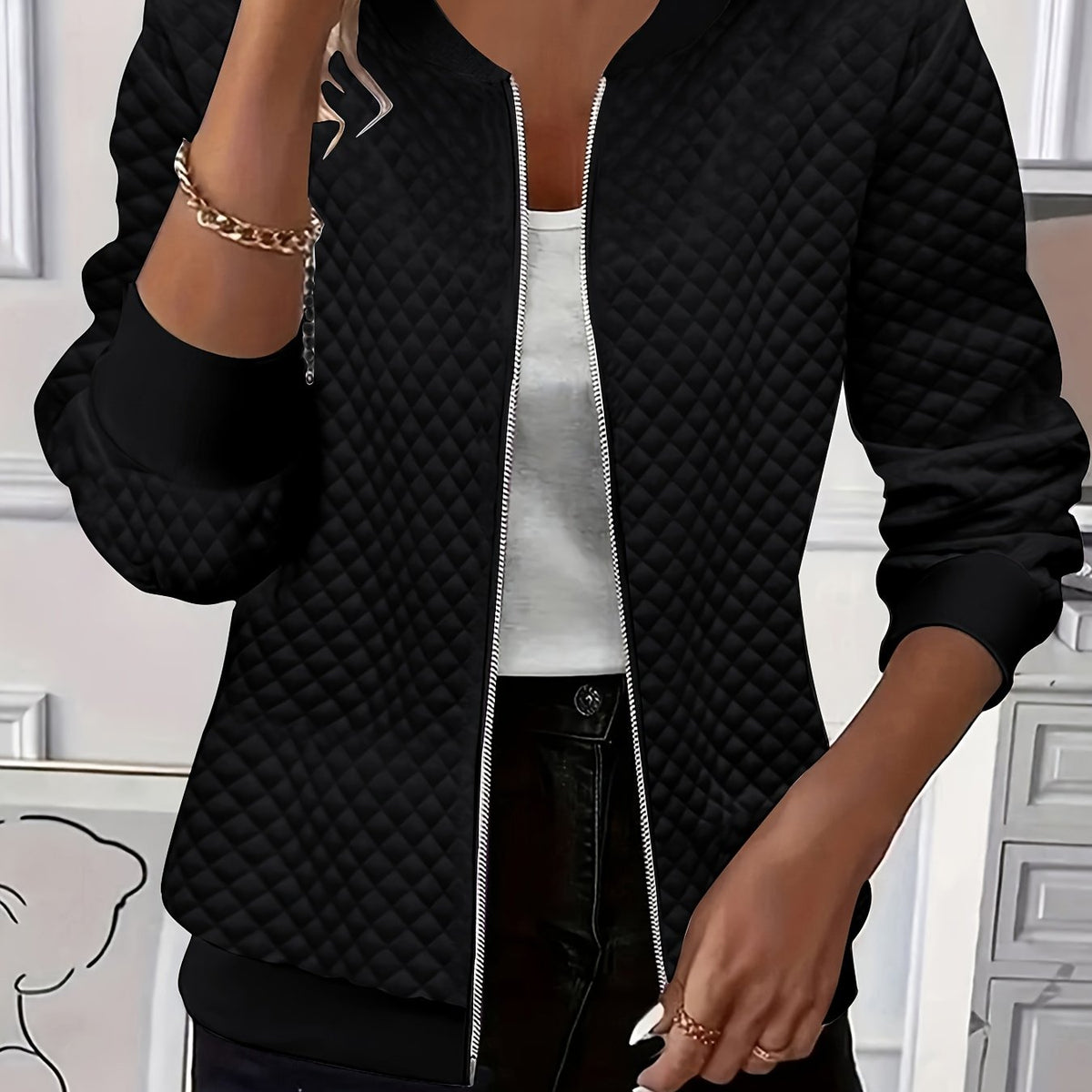 Women's Quilted-Texture Baseball Collar Jacket