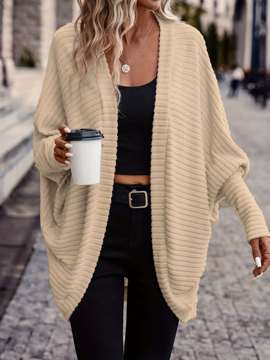 Women's Draped Open-Front Ribbed Cardigan