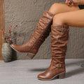 Women's Slouch Tall Boots with Block Heel and Buckle Straps - Light Brown