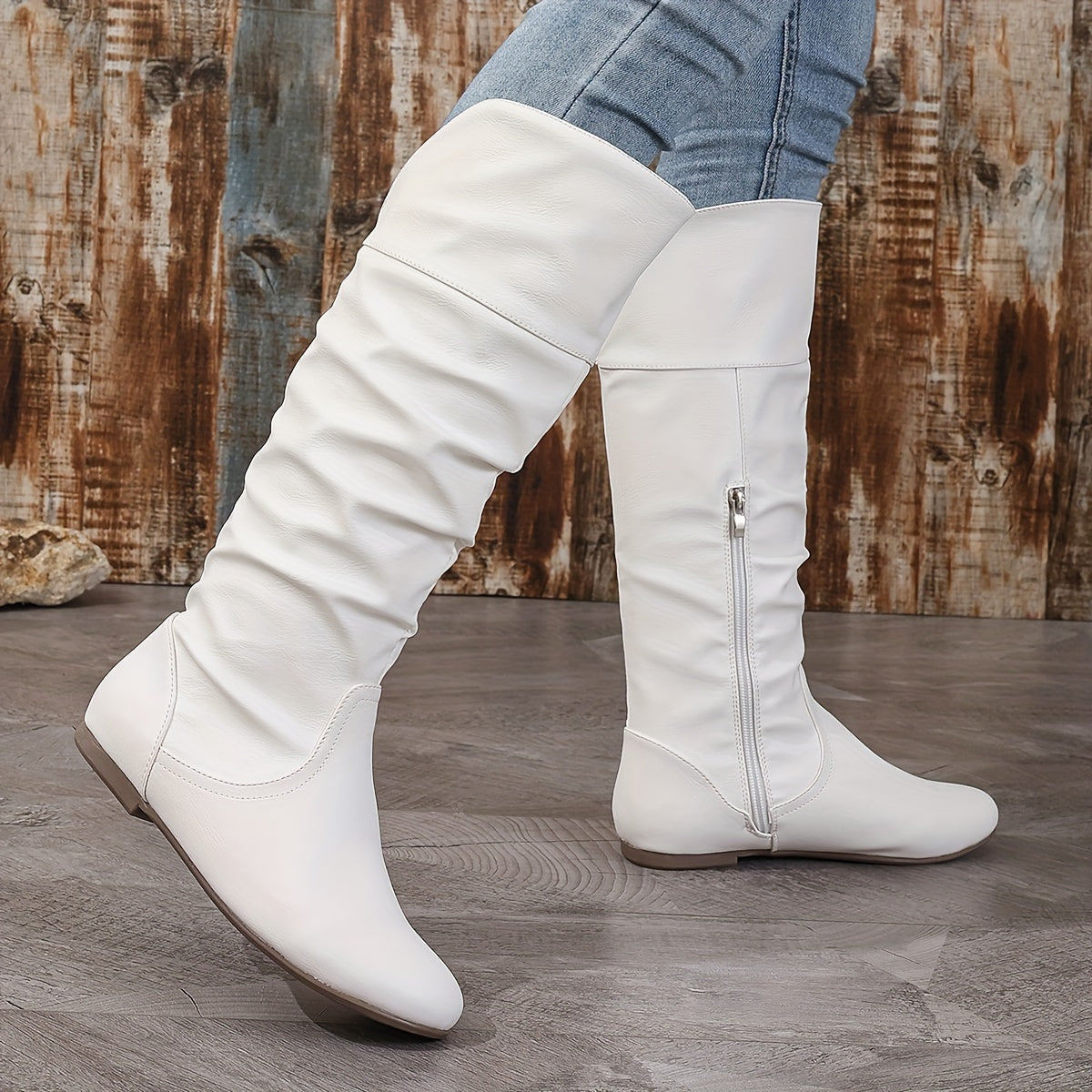 Women's Slouchy Knee-High Boots with Flat Round Toe