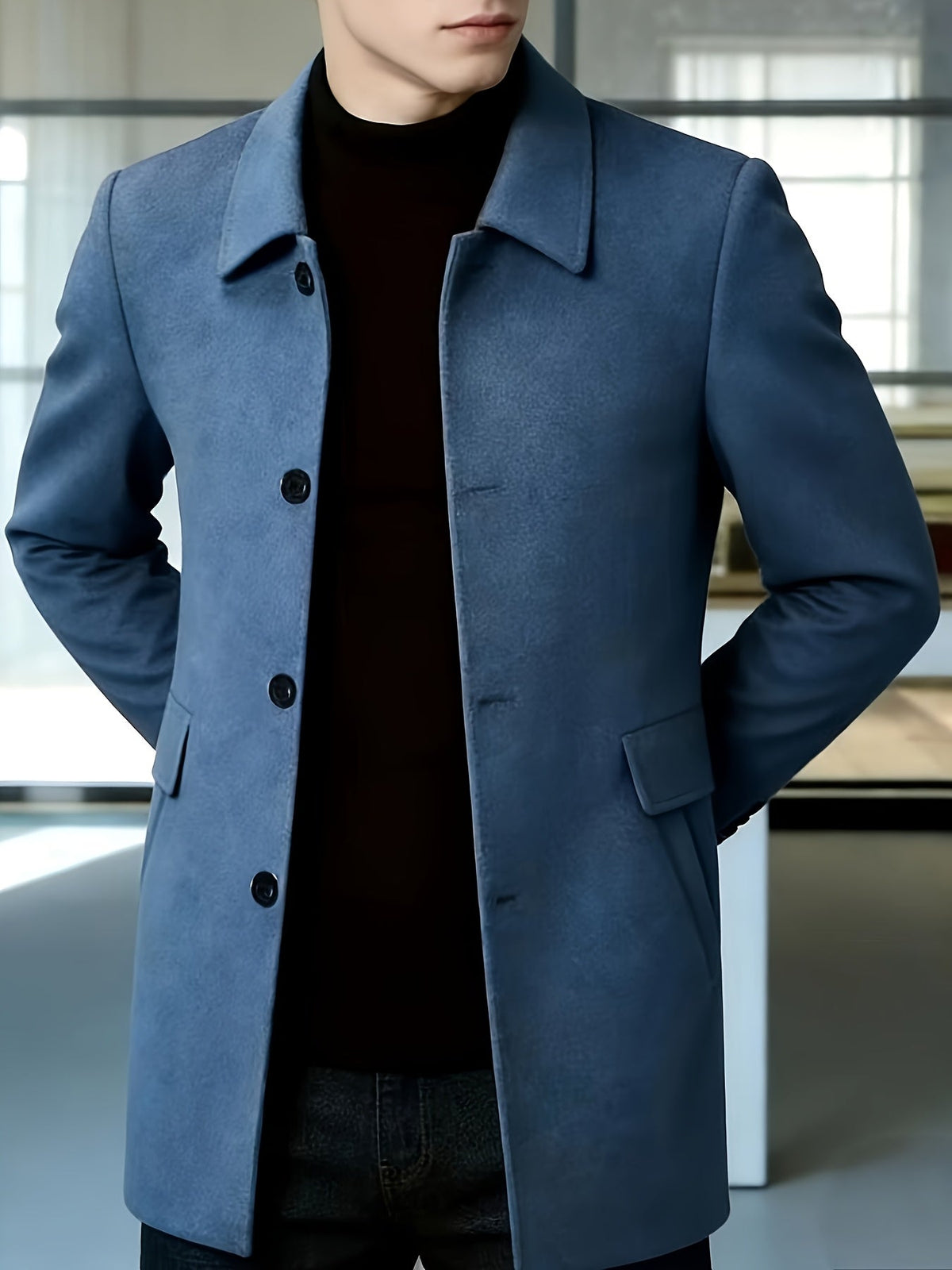 Men's Refined Single-Breasted Overcoat with Side Pockets