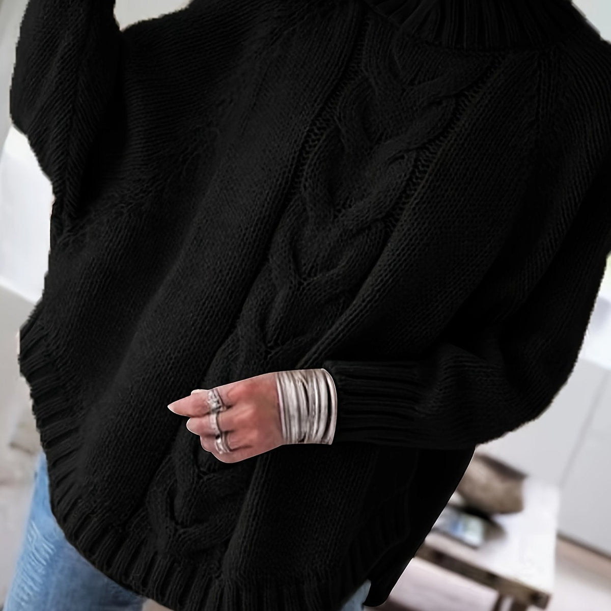 Women's Cable-Knit High Neck Relaxed Sweater