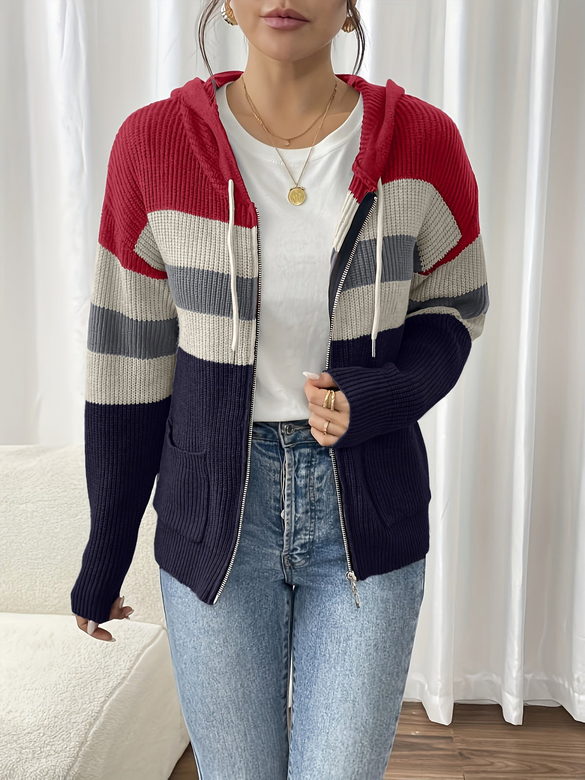 Women's Ribbed Color-Block Hooded Zip Cardigan