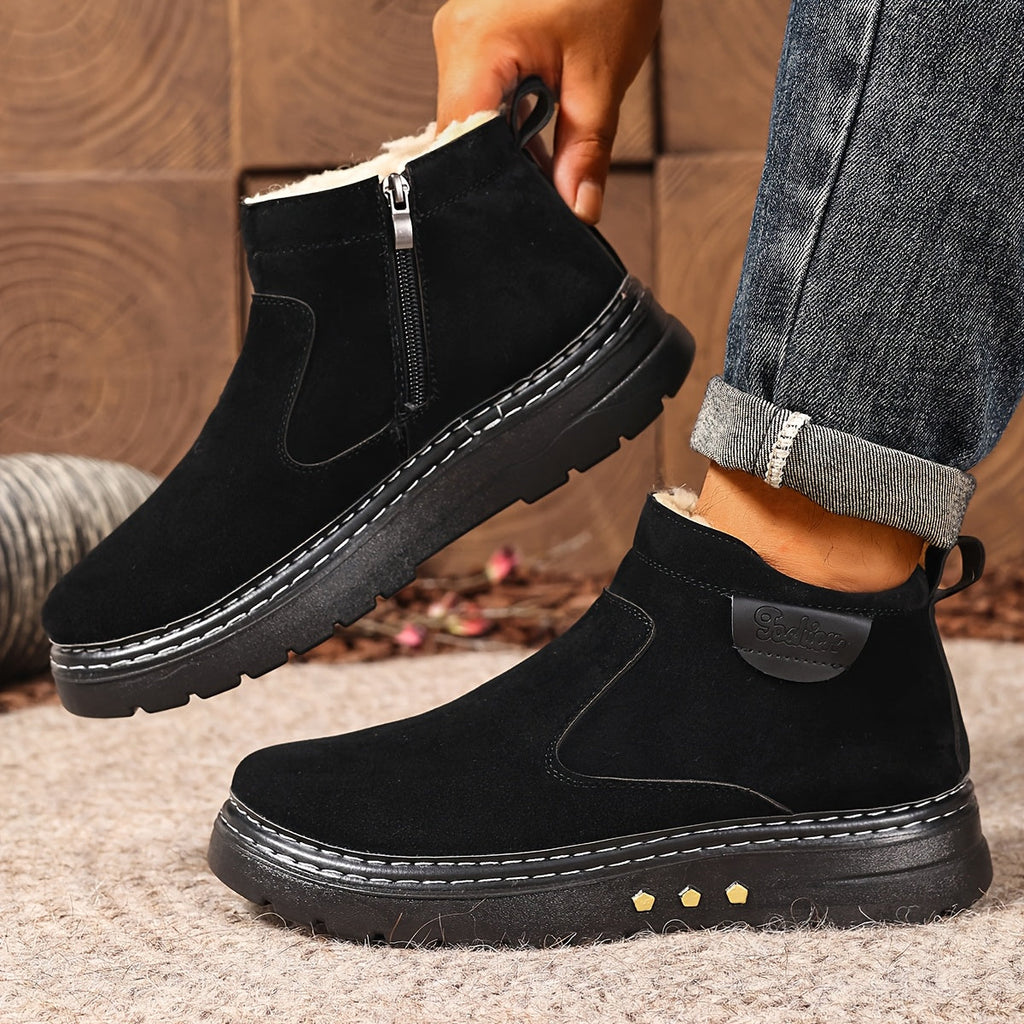 Women's Plush-Lined Winter Ankle Boots with Side Zip - Black