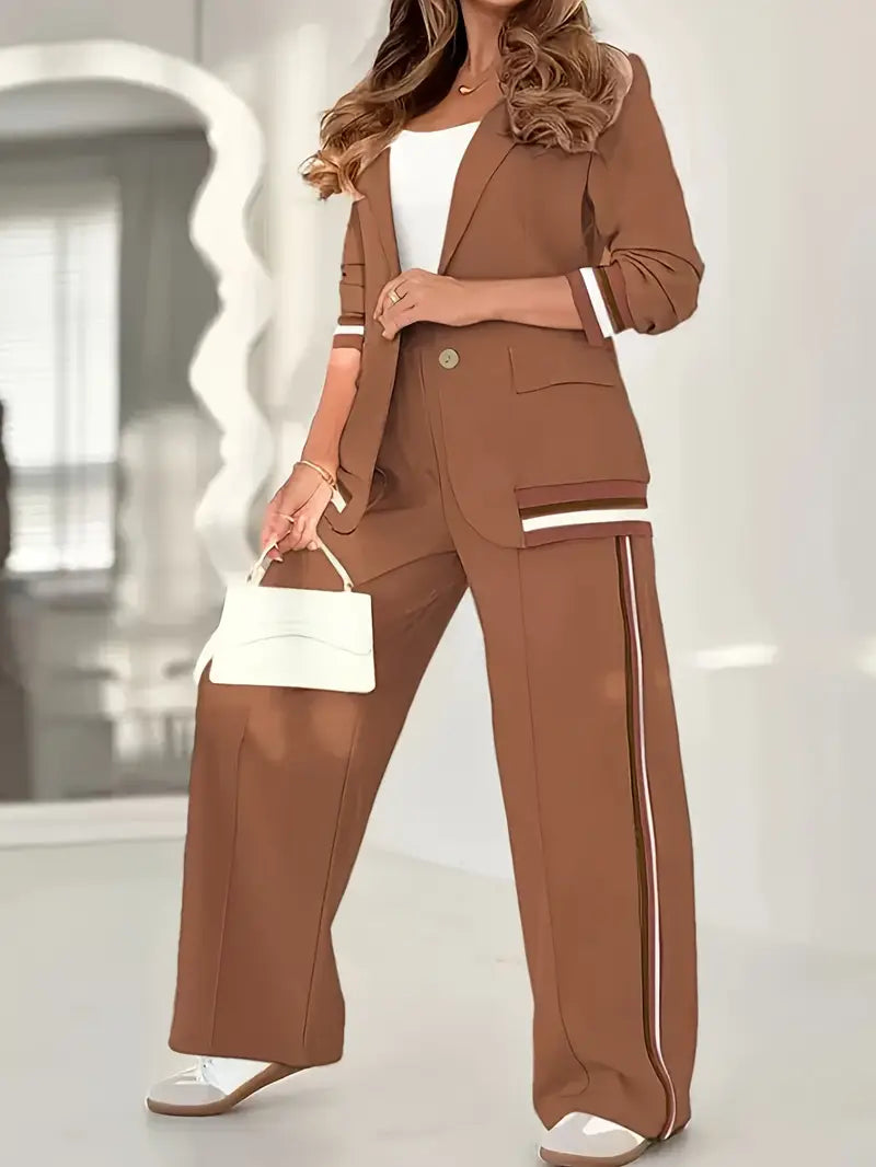 Women's Stripe Trim Wide Leg Blazer Set