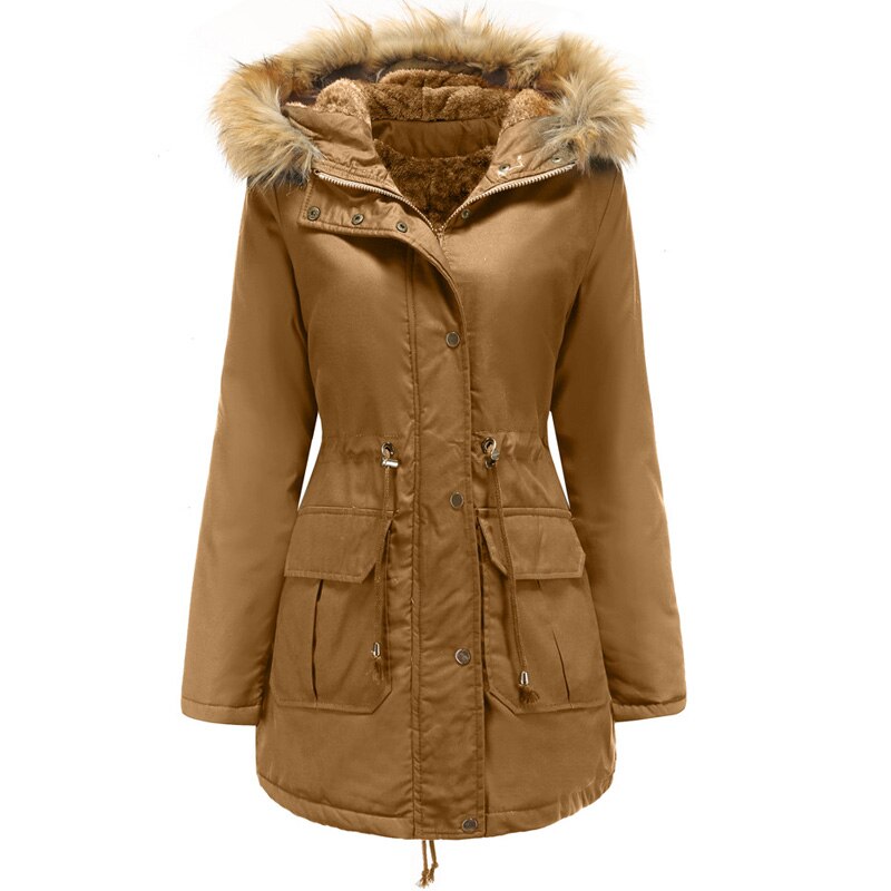 Women's Faux-Fur Trim Hooded Drawstring-Waist Parka - Brown