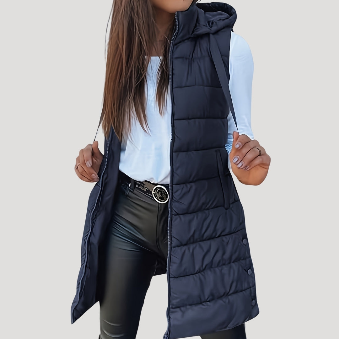 Women's Quilted Hooded Longline Vest - Navy Blue