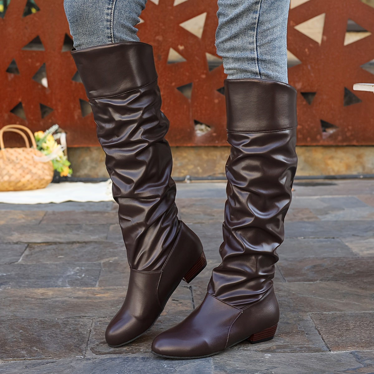 Women's Slouch Knee-High Boots with Low Heel and Round Toe - Dark Brown