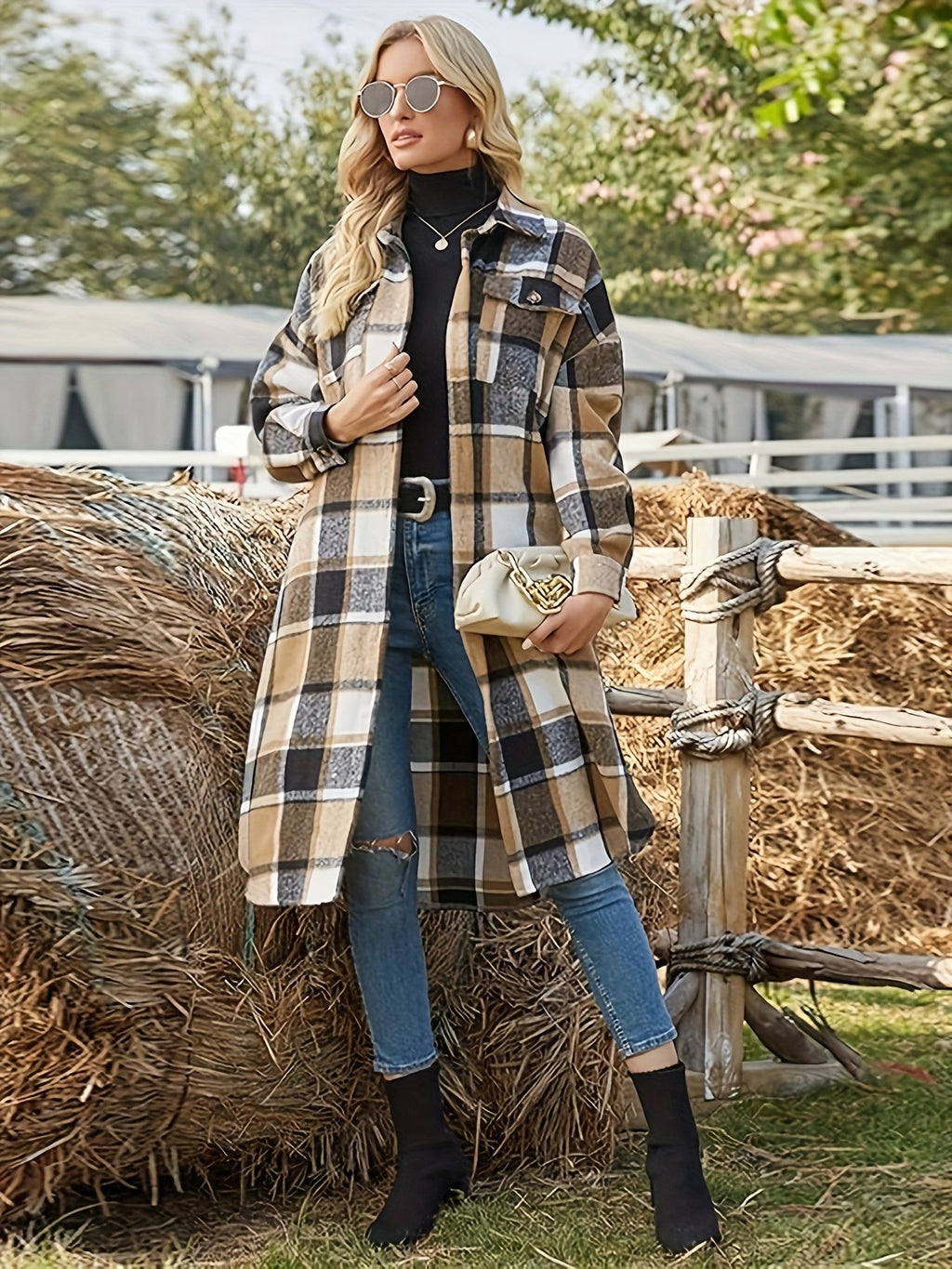 Women's Longline Plaid Button-Front Coat with Chest Pockets