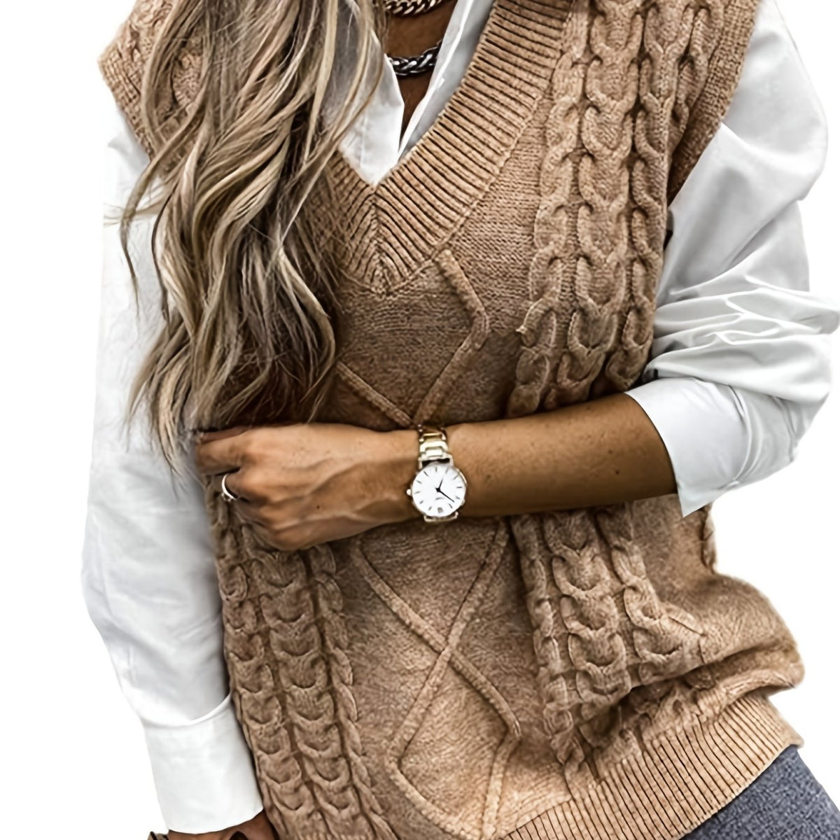 Women's Cable-Knit V-Neck Sweater Vest