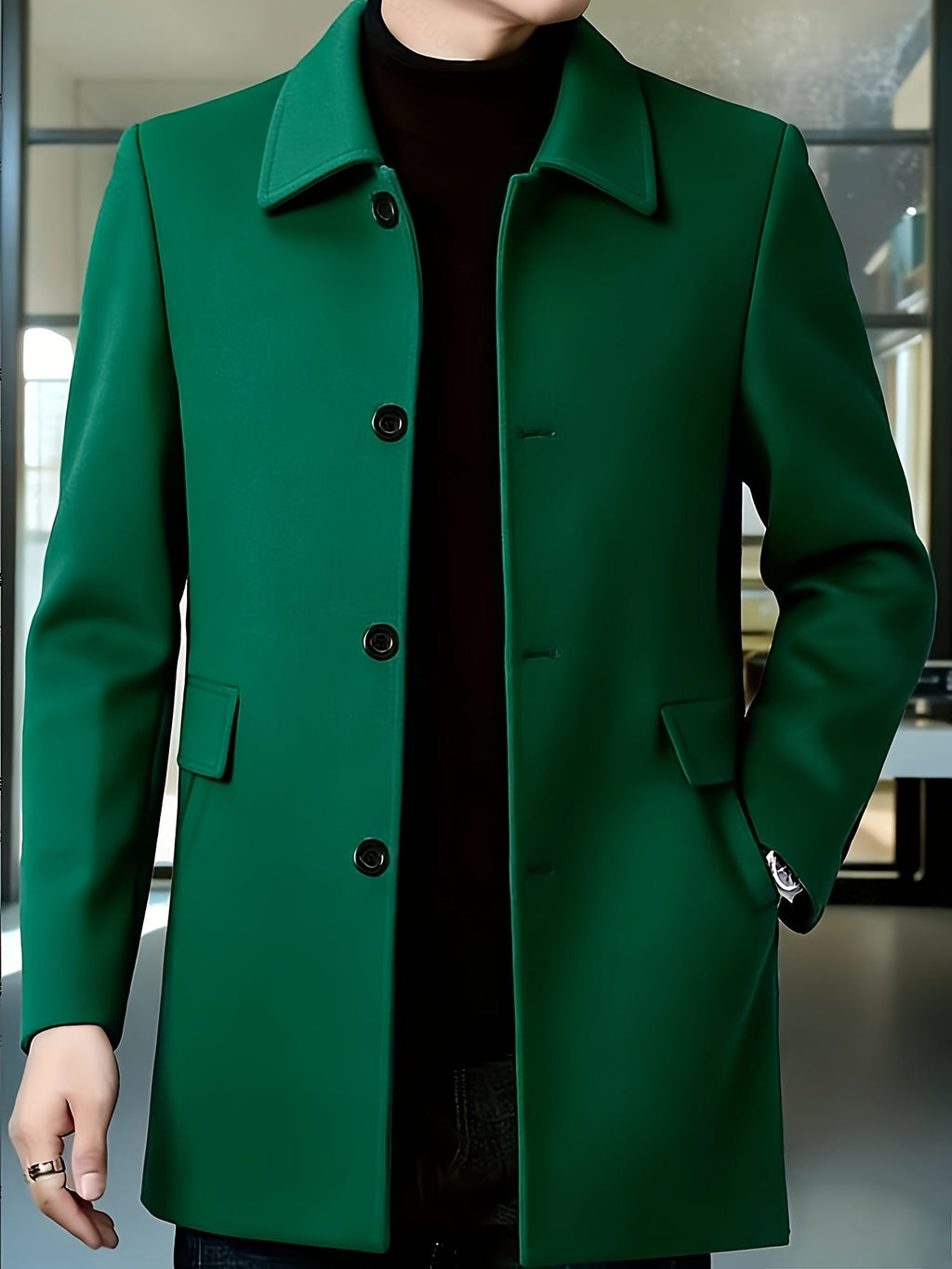 Men's Refined Single-Breasted Overcoat with Side Pockets