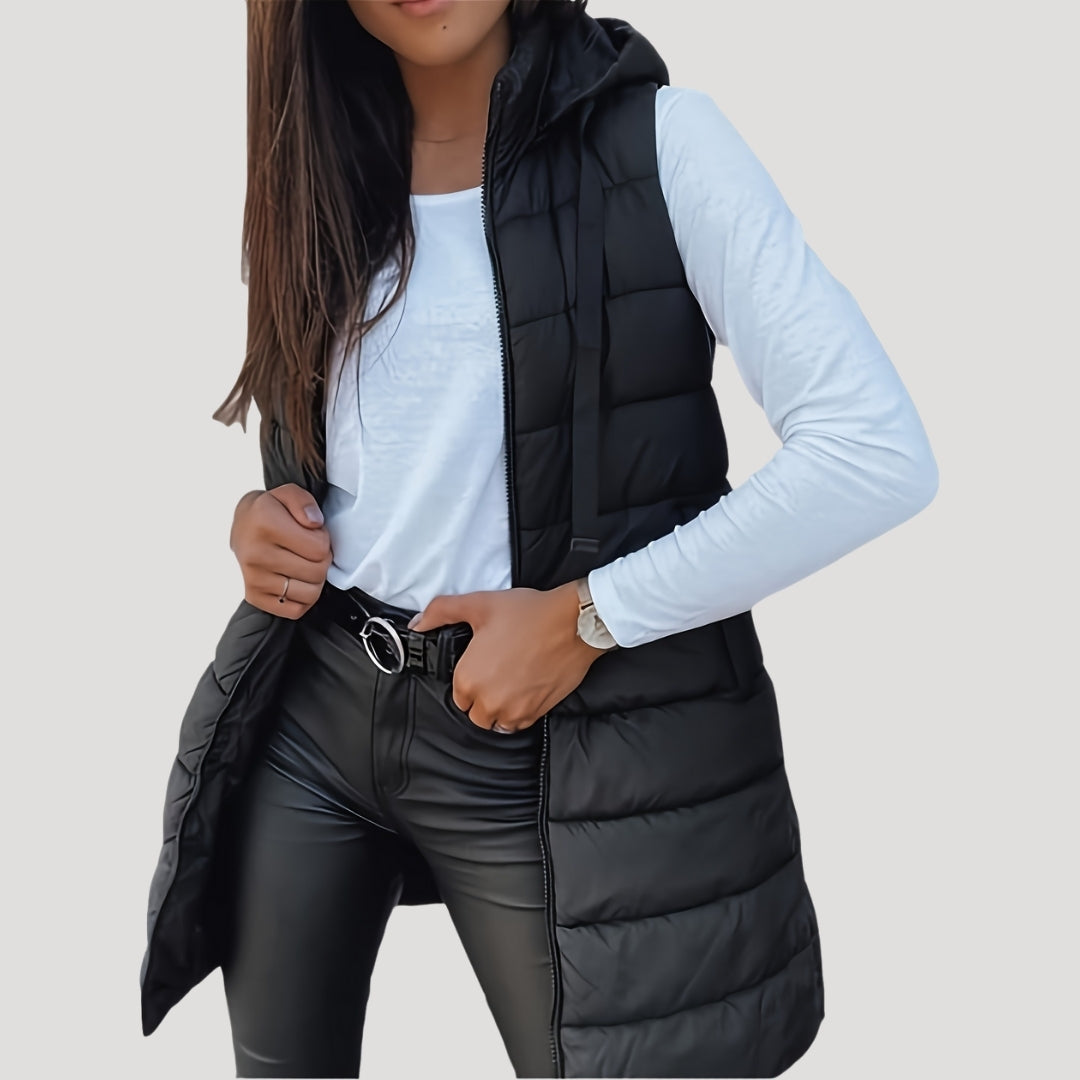 Women's Quilted Hooded Longline Vest - Black