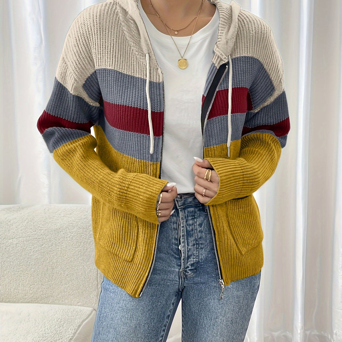 Women's Ribbed Color-Block Hooded Zip Cardigan - Ginger